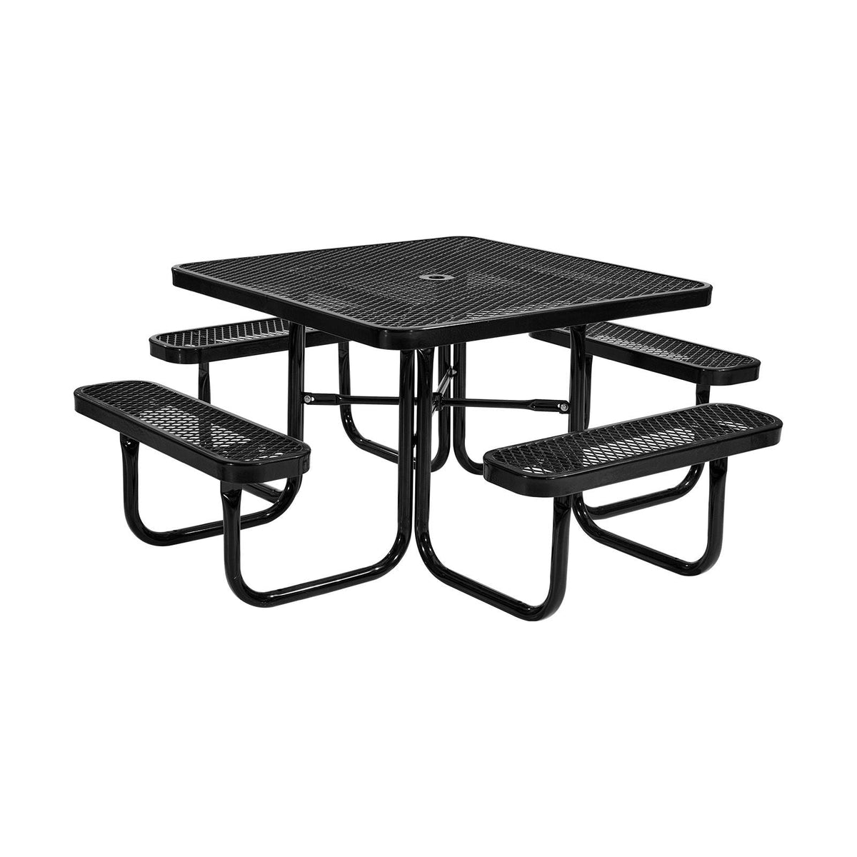 Picnic Table, Outdoor Weather Resistant Patio Dining Furniture Set, Heavy Duty Coated Steel Tables with Umbrella Hole, 45.7 in Square Table and Bench Set, for Garden, Backyard, Porch, Black