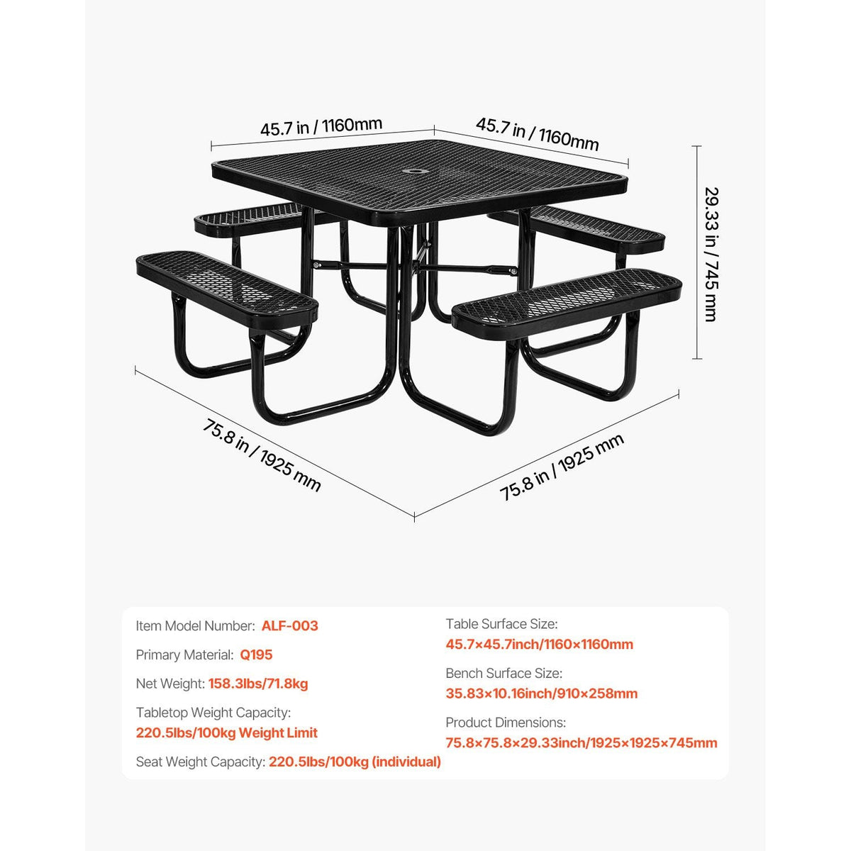 Picnic Table, Outdoor Weather Resistant Patio Dining Furniture Set, Heavy Duty Coated Steel Tables with Umbrella Hole, 45.7 in Square Table and Bench Set, for Garden, Backyard, Porch, Black
