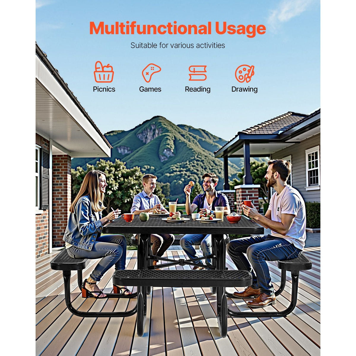 Picnic Table, Outdoor Weather Resistant Patio Dining Furniture Set, Heavy Duty Coated Steel Tables with Umbrella Hole, 45.7 in Square Table and Bench Set, for Garden, Backyard, Porch, Black