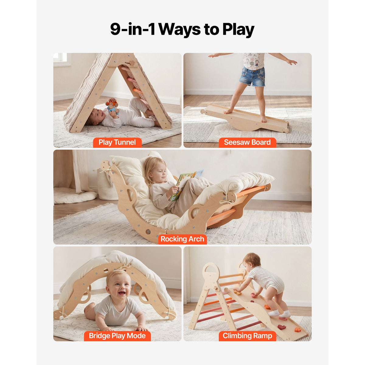 Pikler Triangle Set, 9-in-1 Toddler Climbing Toys Indoor, with 2 Wooden Cars, Cushion, Triangle, Arch, and Ramp, 150 lbs Load, Foldable Montessori Climbing Set for Toddlers and Kids, Orange