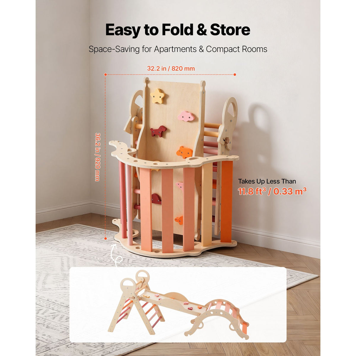 Pikler Triangle Set, 9-in-1 Toddler Climbing Toys Indoor, with 2 Wooden Cars, Cushion, Triangle, Arch, and Ramp, 150 lbs Load, Foldable Montessori Climbing Set for Toddlers and Kids, Orange