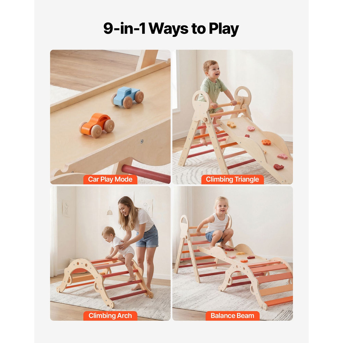 Pikler Triangle Set, 9-in-1 Toddler Climbing Toys Indoor, with 2 Wooden Cars, Cushion, Triangle, Arch, and Ramp, 150 lbs Load, Foldable Montessori Climbing Set for Toddlers and Kids, Orange