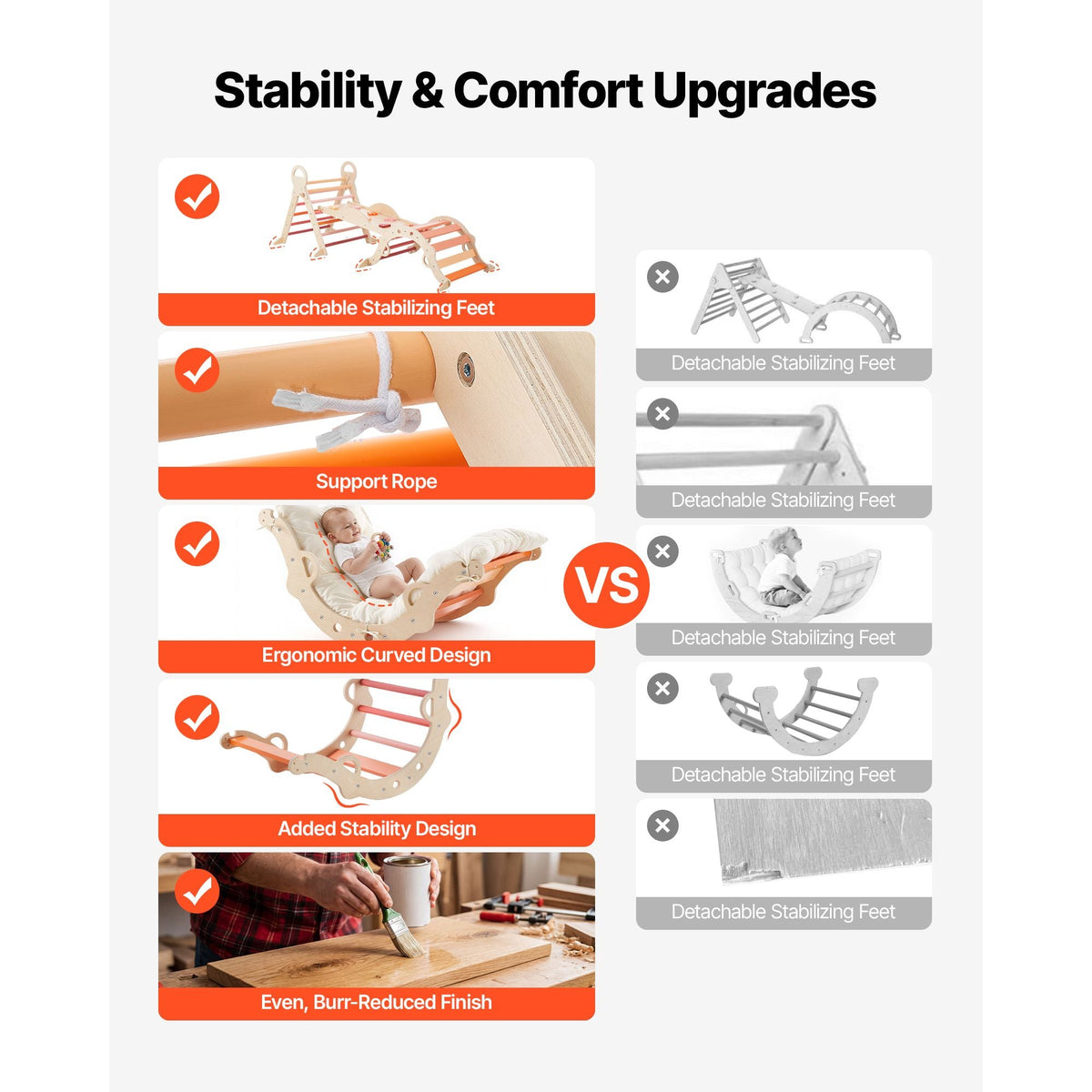 Pikler Triangle Set, 9-in-1 Toddler Climbing Toys Indoor, with 2 Wooden Cars, Cushion, Triangle, Arch, and Ramp, 150 lbs Load, Foldable Montessori Climbing Set for Toddlers and Kids, Orange