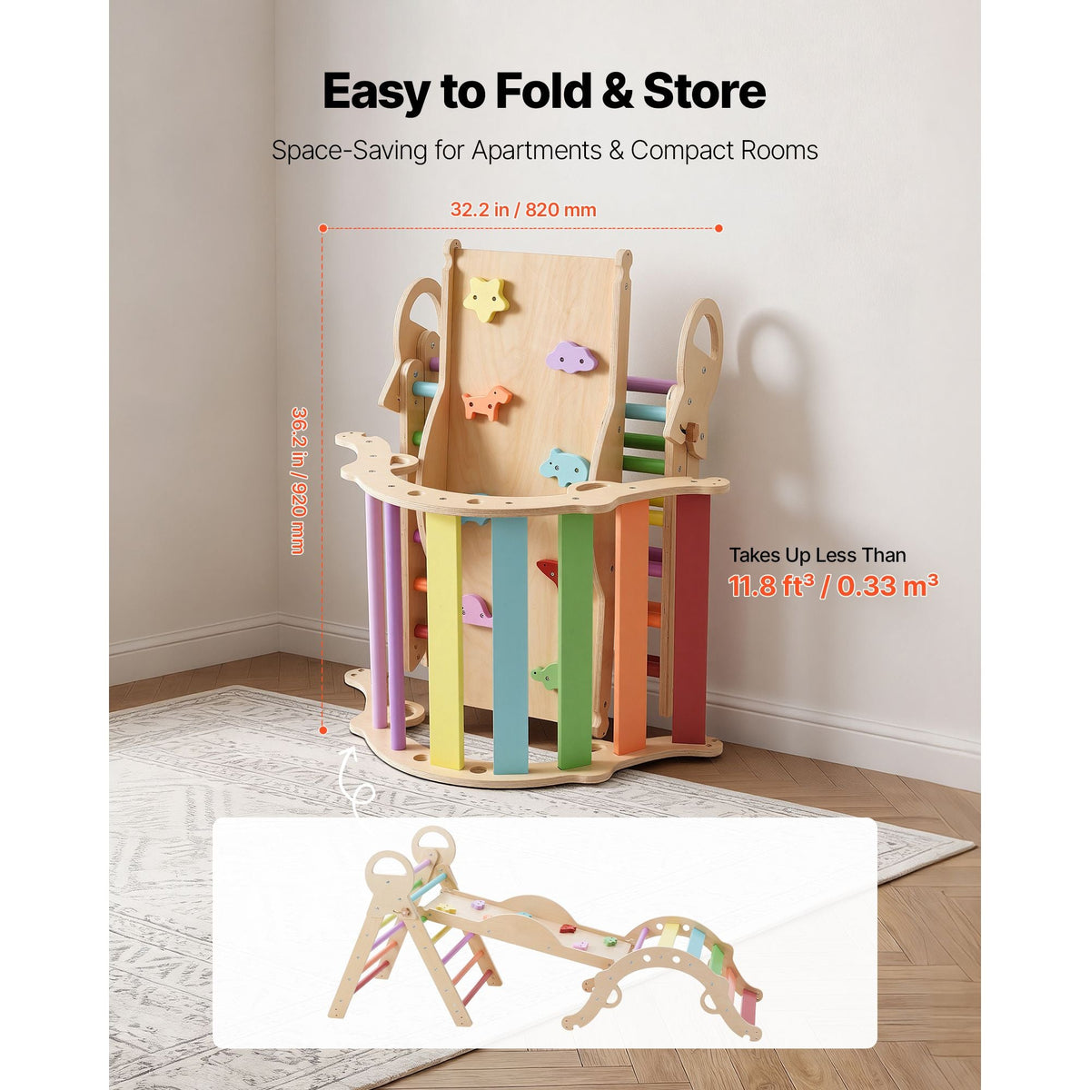 Pikler Triangle Set, 9-in-1 Toddler Climbing Toys Indoor, with 2 Wooden Cars, Cushion, Triangle, Arch, and Ramp, 150 lbs Load, Foldable Montessori Climbing Set for Toddlers and Kids, Rainbow