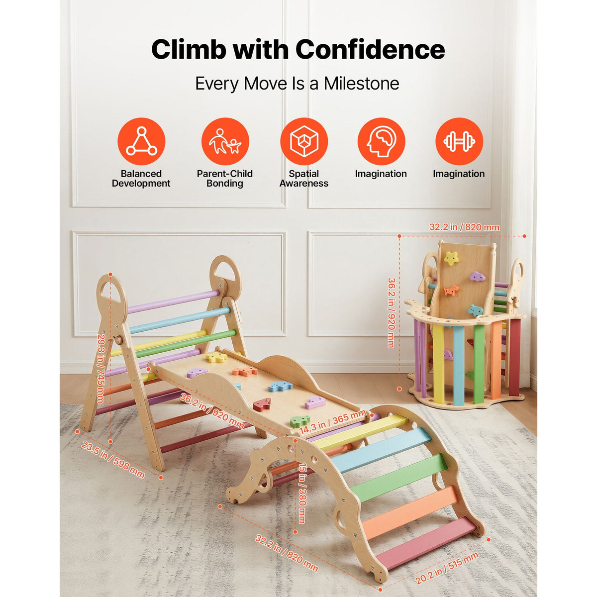 Pikler Triangle Set, 9-in-1 Toddler Climbing Toys Indoor, with 2 Wooden Cars, Cushion, Triangle, Arch, and Ramp, 150 lbs Load, Foldable Montessori Climbing Set for Toddlers and Kids, Rainbow