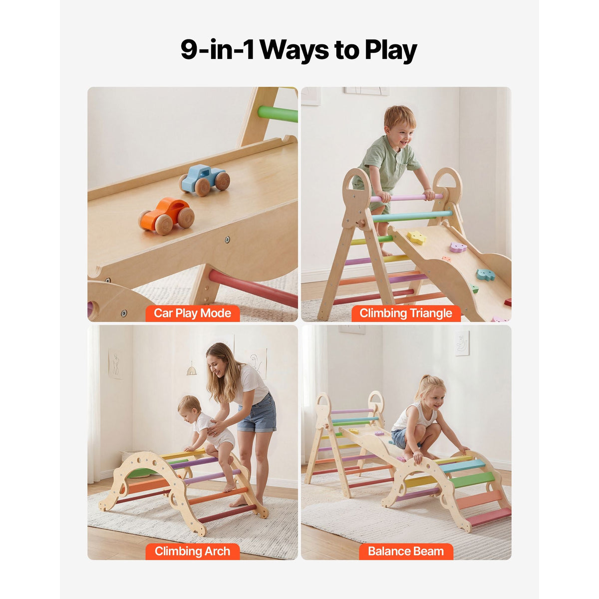 Pikler Triangle Set, 9-in-1 Toddler Climbing Toys Indoor, with 2 Wooden Cars, Cushion, Triangle, Arch, and Ramp, 150 lbs Load, Foldable Montessori Climbing Set for Toddlers and Kids, Rainbow