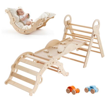 Pikler Triangle Set, 9-in-1 Toddler Climbing Toys Indoor, with 2 Wooden Cars, Cushion, Triangle, Arch, and Ramp, 150 lbs Load, Foldable Montessori Climbing Set for Toddlers and Kids, Wood Color