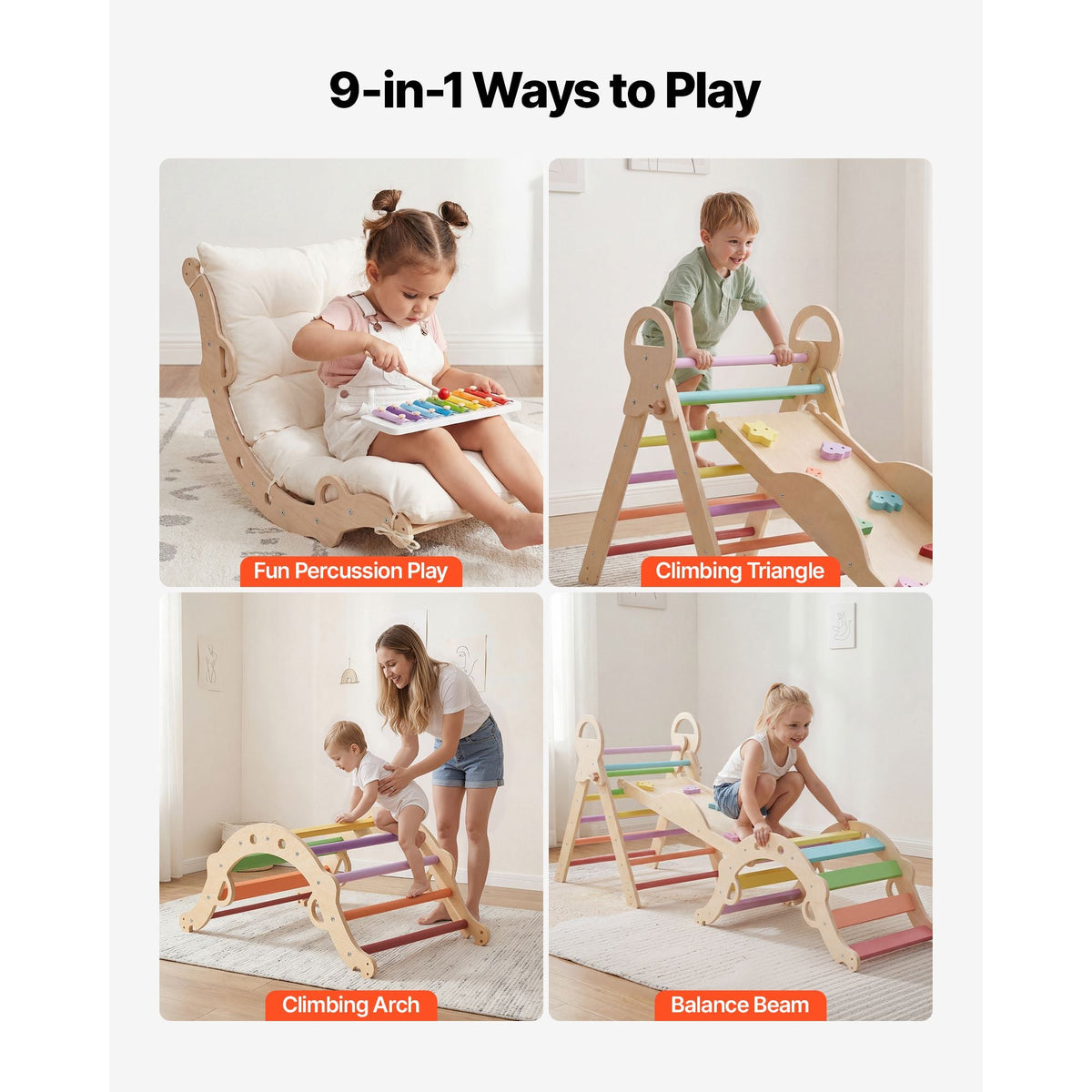 Pikler Triangle Set, 9-in-1 Toddler Climbing Toys Indoor, with Xylophone, Cushion, Triangle, Arch, and Ramp, 150 lbs Load, Foldable Montessori Climbing Set for Toddlers and Kids, Rainbow