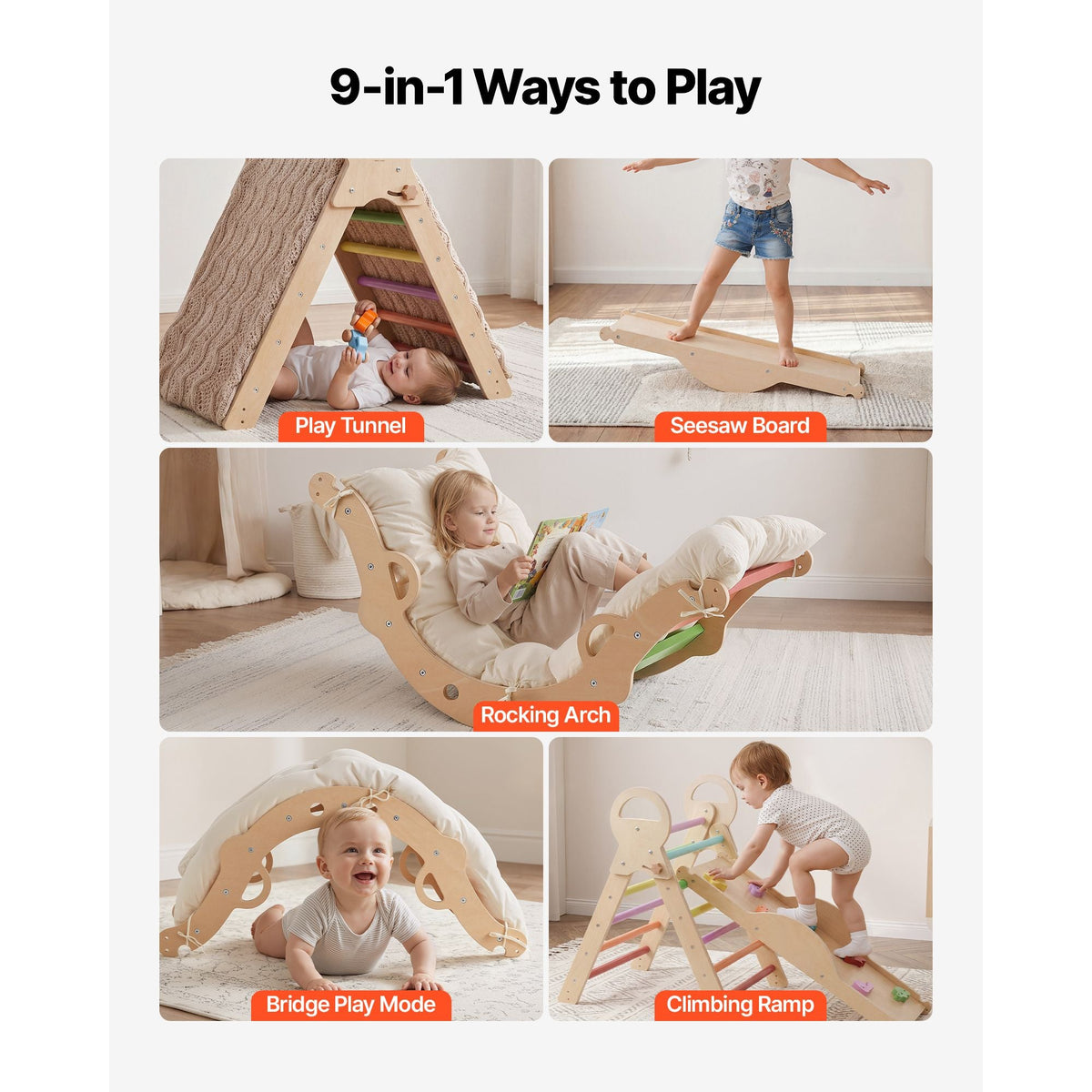 Pikler Triangle Set, 9-in-1 Toddler Climbing Toys Indoor, with Xylophone, Cushion, Triangle, Arch, and Ramp, 150 lbs Load, Foldable Montessori Climbing Set for Toddlers and Kids, Rainbow