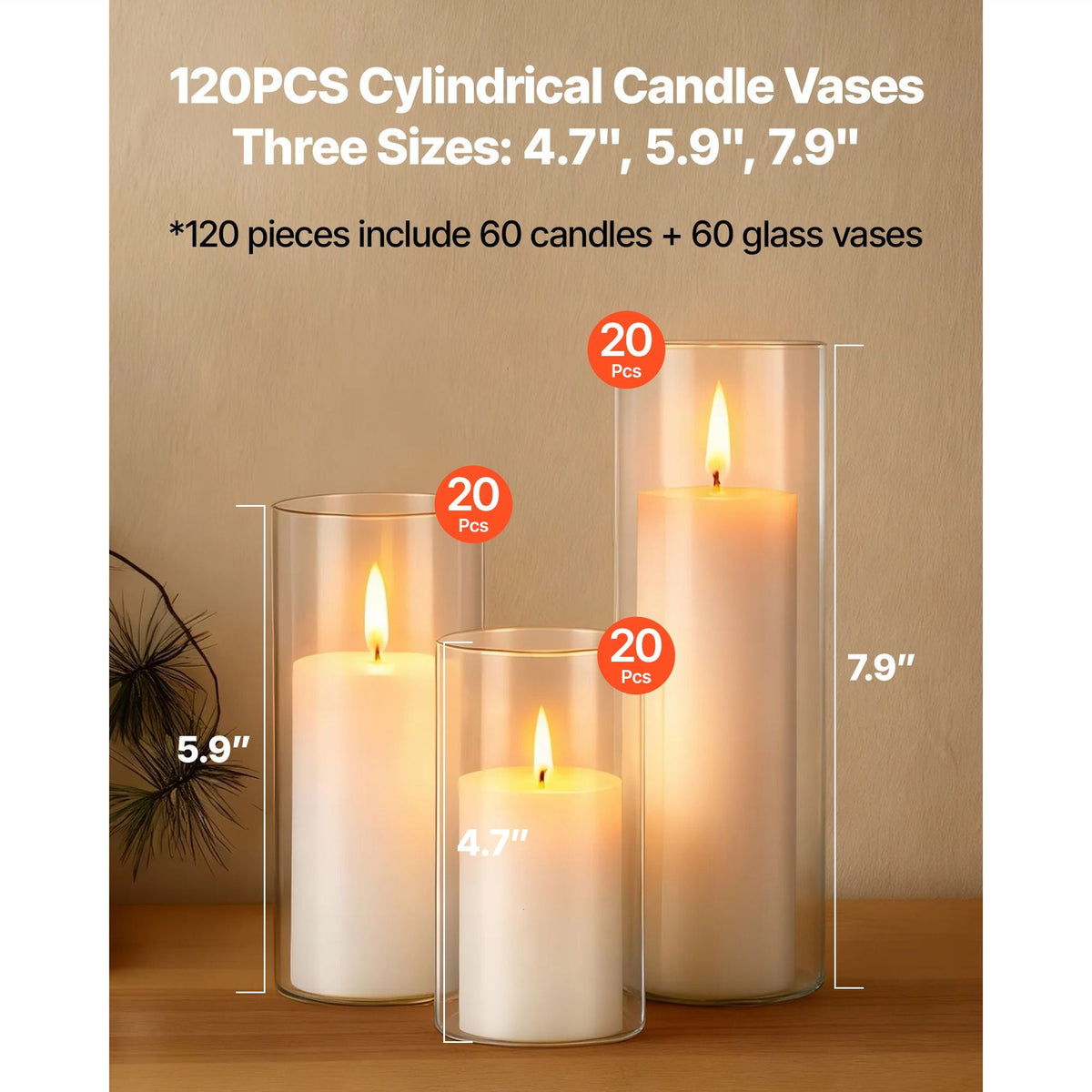 Pillar Candles and Glass Vases Set 120 Pcs, Clear Cylinder Hurricane Candle Holders for Wedding Centerpieces, Tall Vase for Table Decor, Wedding Party,Thanksgiving,White (2.56" x 4.7",5.9",7.9")
