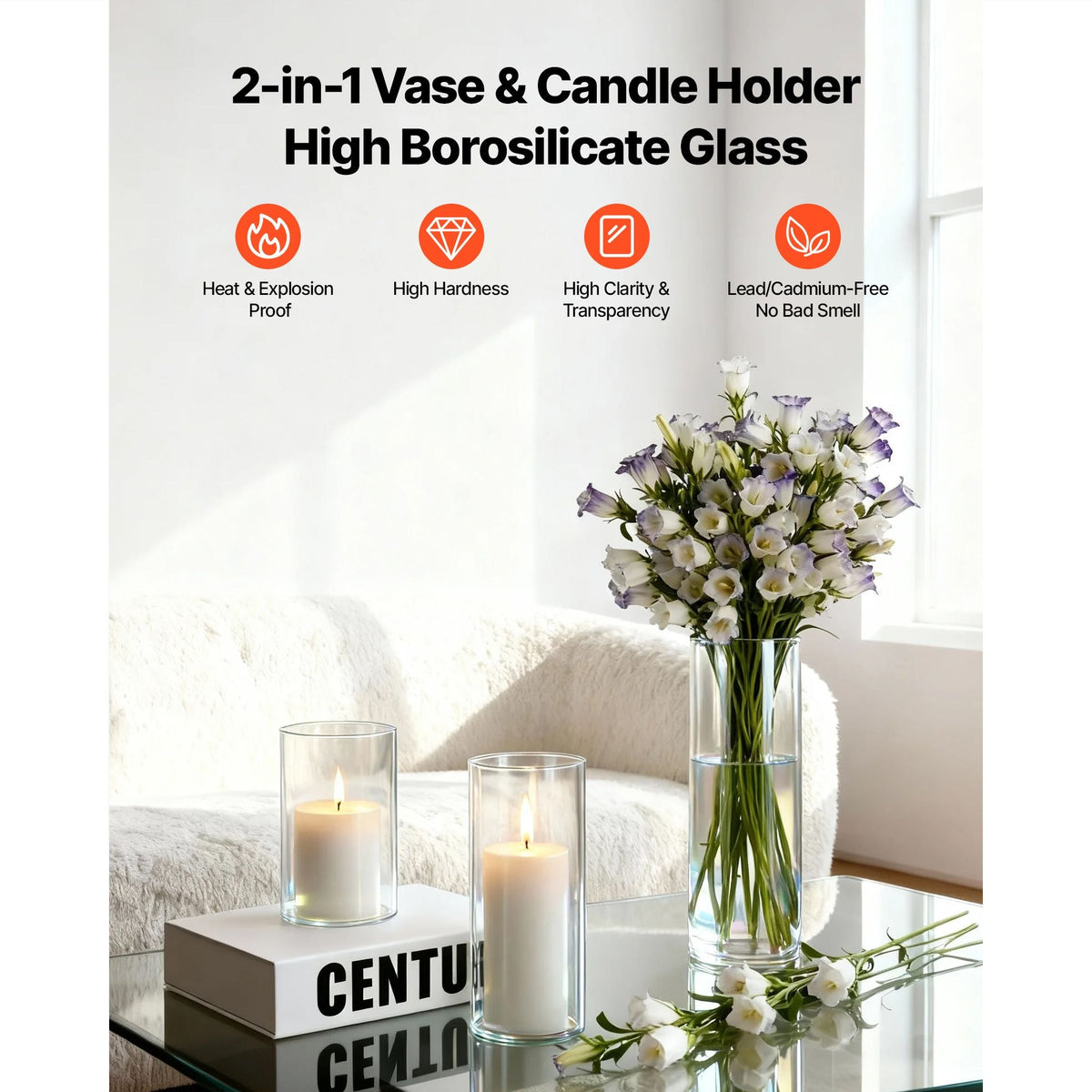 Pillar Candles and Glass Vases Set 120 Pcs, Clear Cylinder Hurricane Candle Holders for Wedding Centerpieces, Tall Vase for Table Decor, Wedding Party,Thanksgiving,White (2.56" x 4.7",5.9",7.9")