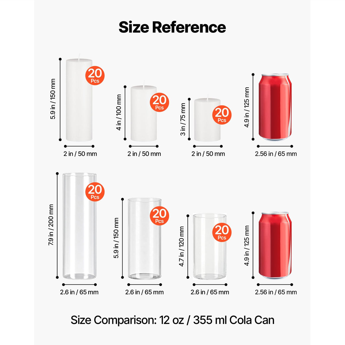 Pillar Candles and Glass Vases Set 120 Pcs, Clear Cylinder Hurricane Candle Holders for Wedding Centerpieces, Tall Vase for Table Decor, Wedding Party,Thanksgiving,White (2.56" x 4.7",5.9",7.9")