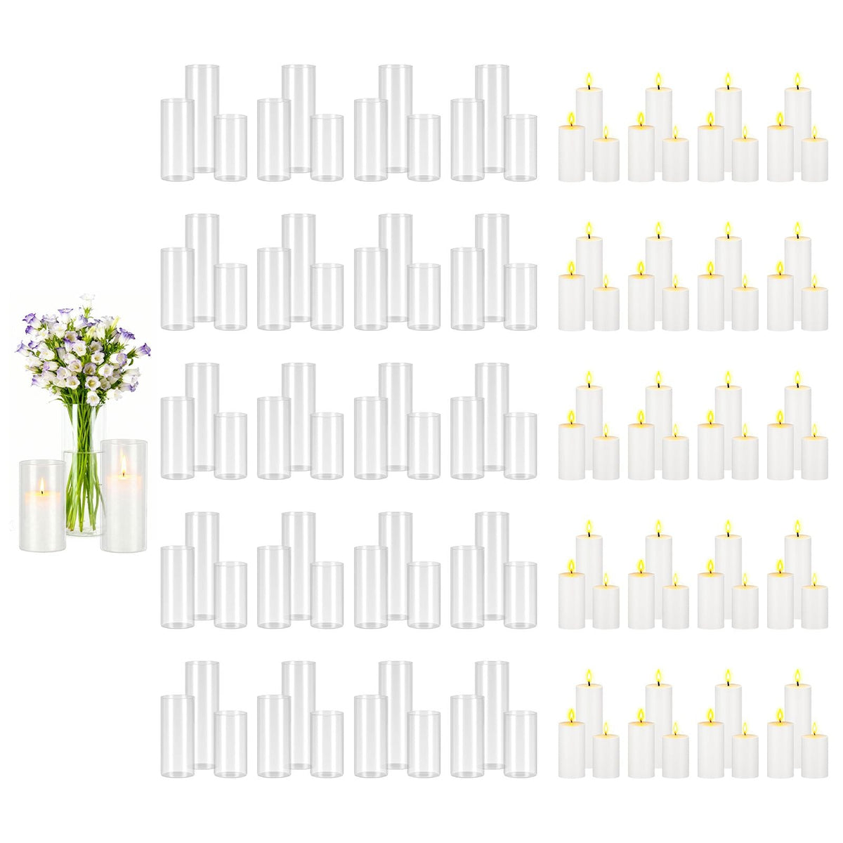 Pillar Candles and Glass Vases Set 120 Pcs, Clear Cylinder Hurricane Candle Holders for Wedding Centerpieces, Tall Vase for Table Decor, Wedding Party,Thanksgiving,White (2.56" x 4.7",5.9",7.9")