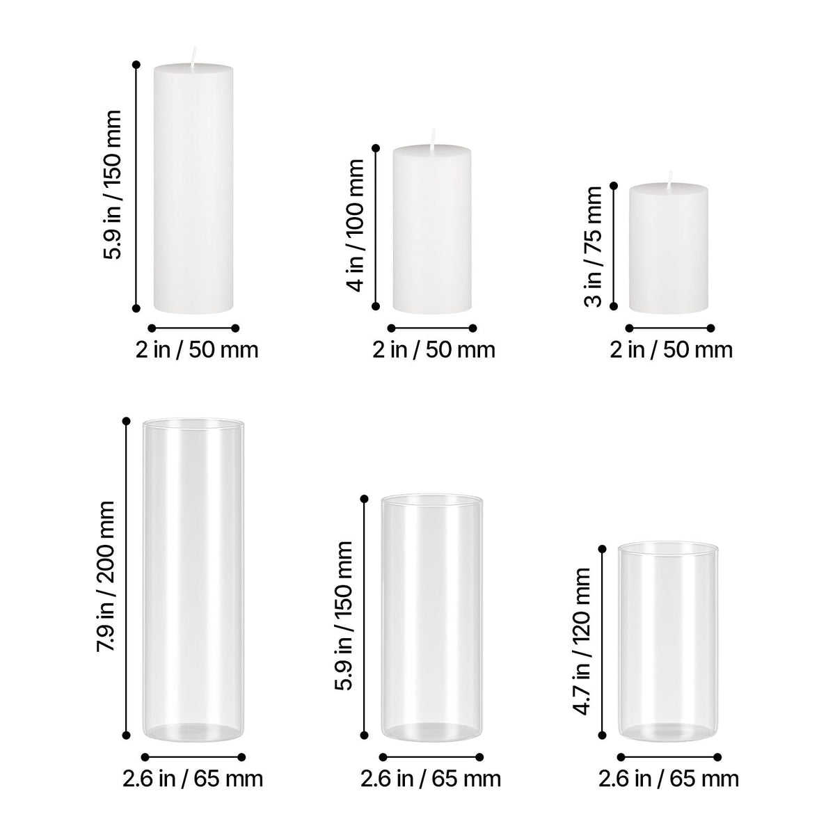 Pillar Candles and Glass Vases Set 120 Pcs, Clear Cylinder Hurricane Candle Holders for Wedding Centerpieces, Tall Vase for Table Decor, Wedding Party,Thanksgiving,White (2.56" x 4.7",5.9",7.9")