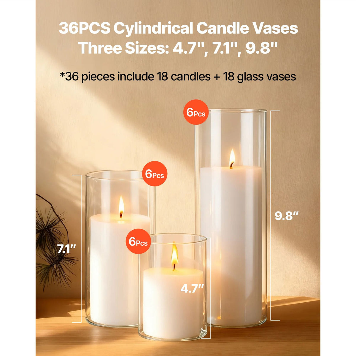 Pillar Candles and Glass Vases Set 36 Pcs, Clear Cylinder Hurricane Candle Holders for Wedding Centerpieces, Tall Vase for Table Decor, Wedding Party, Thanksgiving, White (3.4" x 4.7",7.1",9.8")