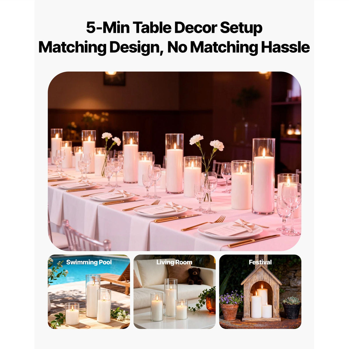 Pillar Candles and Glass Vases Set 36 Pcs, Clear Cylinder Hurricane Candle Holders for Wedding Centerpieces, Tall Vase for Table Decor, Wedding Party, Thanksgiving, White (3.4" x 4.7",7.1",9.8")