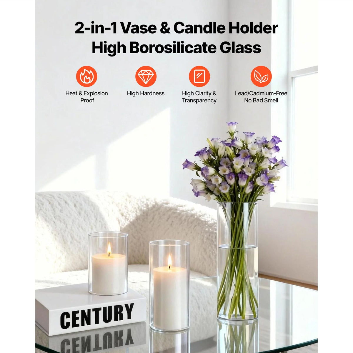 Pillar Candles and Glass Vases Set 36 Pcs, Clear Cylinder Hurricane Candle Holders for Wedding Centerpieces, Tall Vase for Table Decor, Wedding Party, Thanksgiving, White (3.4" x 4.7",7.1",9.8")
