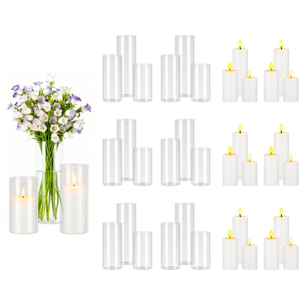 Pillar Candles and Glass Vases Set 36 Pcs, Clear Cylinder Hurricane Candle Holders for Wedding Centerpieces, Tall Vase for Table Decor, Wedding Party, Thanksgiving,White (2.56" x 4.7",5.9",7.9")
