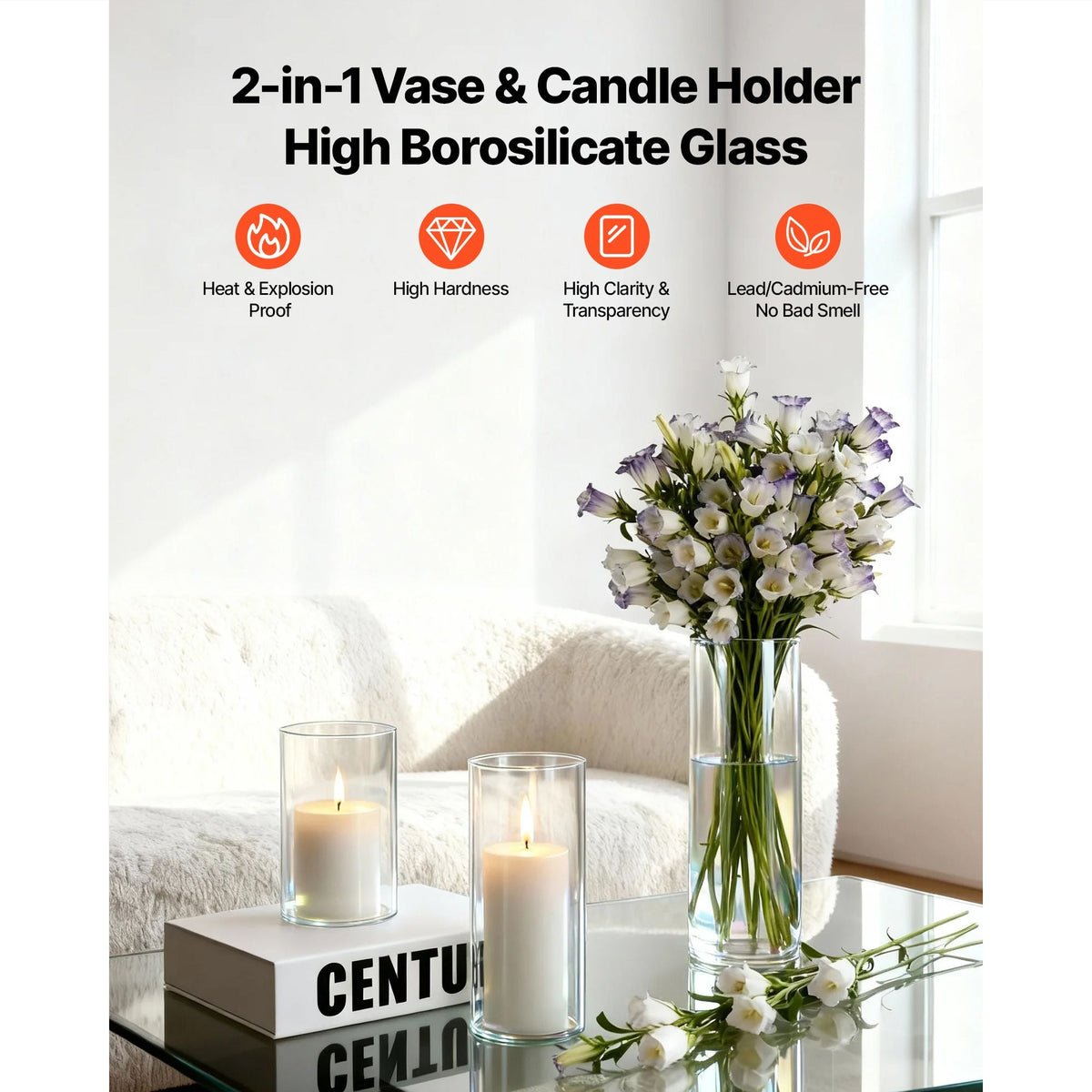 Pillar Candles and Glass Vases Set 36 Pcs, Clear Cylinder Hurricane Candle Holders for Wedding Centerpieces, Tall Vase for Table Decor, Wedding Party, Thanksgiving,White (2.56" x 4.7",5.9",7.9")