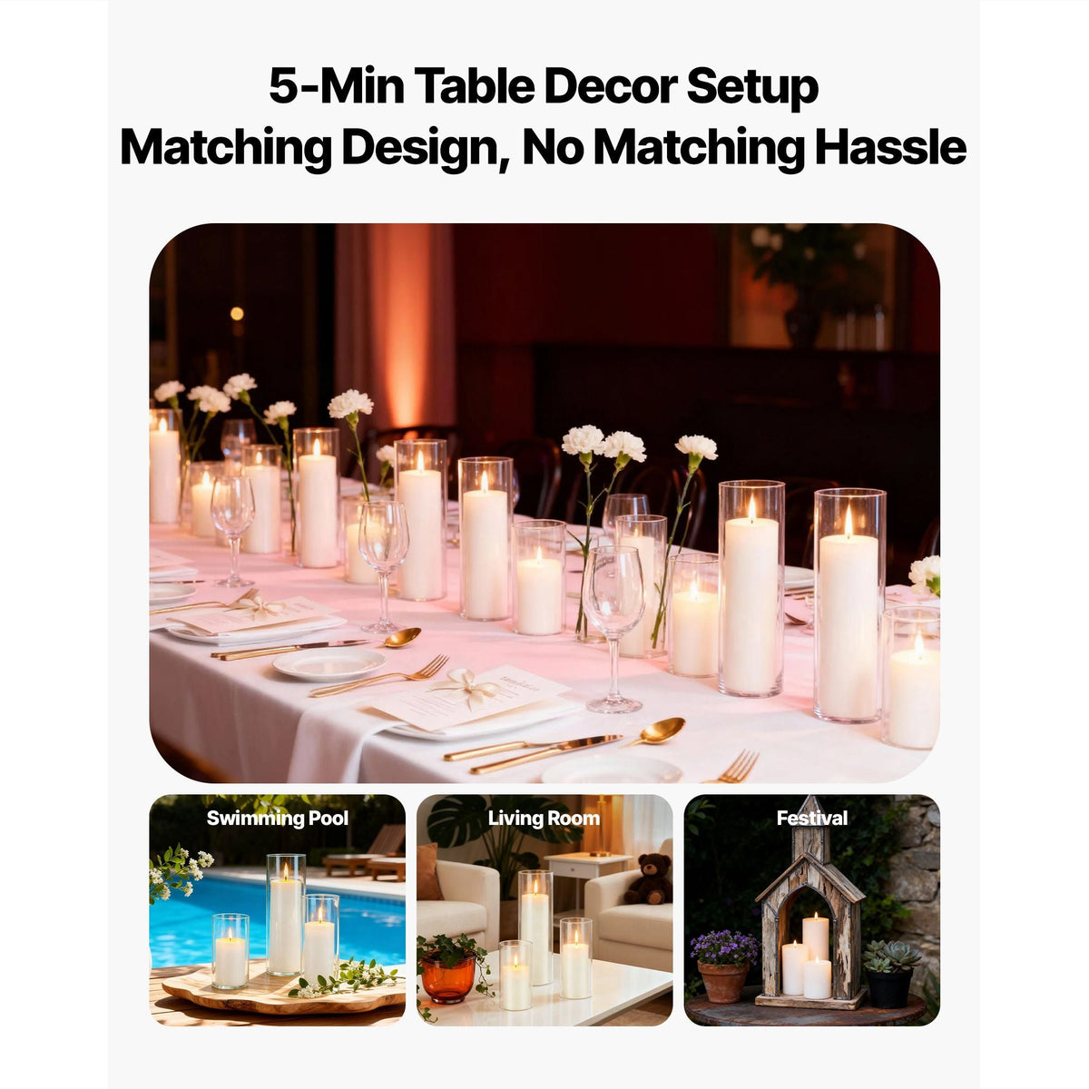 Pillar Candles and Glass Vases Set 36 Pcs, Clear Cylinder Hurricane Candle Holders for Wedding Centerpieces, Tall Vase for Table Decor, Wedding Party, Thanksgiving,White (2.56" x 4.7",5.9",7.9")