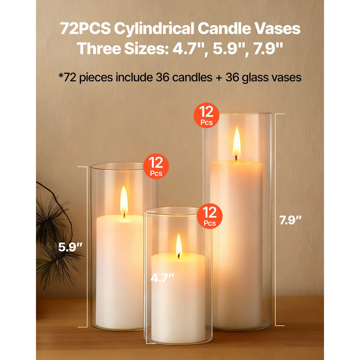 Pillar Candles and Glass Vases Set 72 Pcs, Clear Cylinder Hurricane Candle Holders for Wedding Centerpieces, Tall Vase for Table Decor, Wedding Party, Thanksgiving,White (2.56" x 4.7",5.9",7.9")