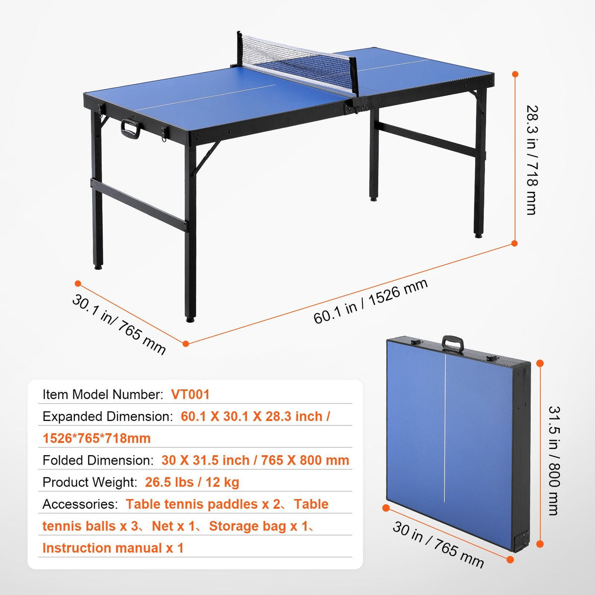 Ping Pong Table, Mid-Size Table Tennis Game, Indoor MDF Table Tennis Table, Foldable Portable Complete Ping Pong Table Set with Net, 2 Paddles, 3 Balls, Carry Bag, Handle (No Assembly Required)