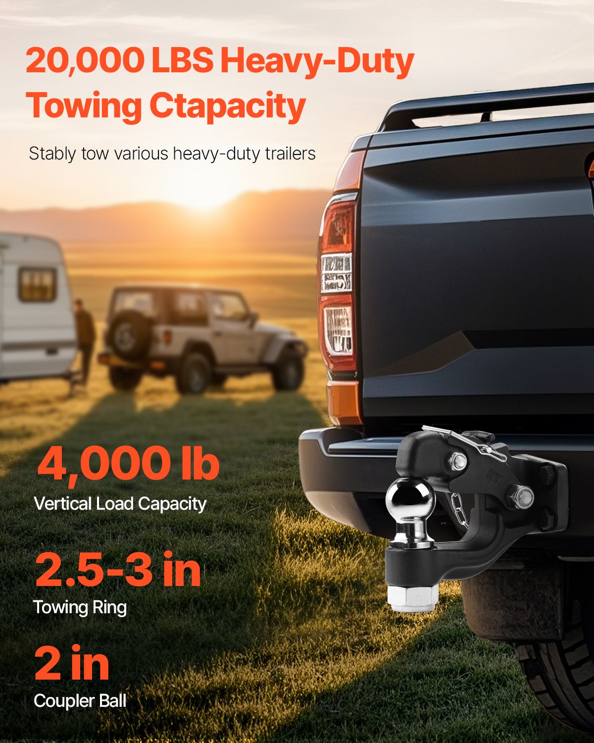 Pintle Hook, 20000 lbs Towing Capacity, Trailer Hitches Receiver Hook Combination 2-inch Hitch Ball, Fits for 2.5 to 3-inch Lunette Ring with Mounting Kit, Wear-resistant, Black Powder Coat