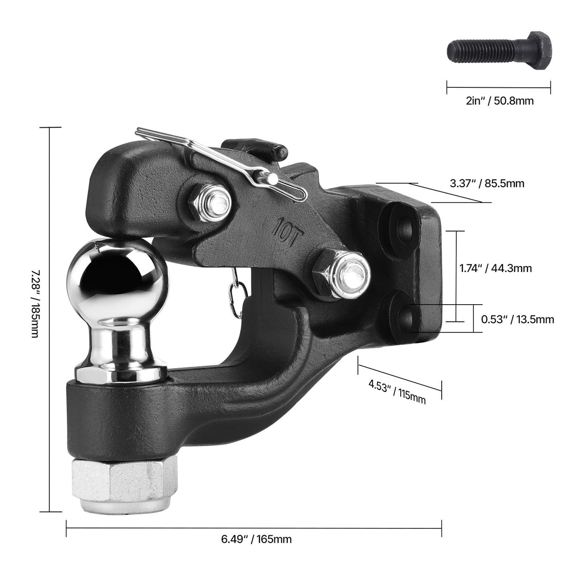 Pintle Hook, 20000 lbs Towing Capacity, Trailer Hitches Receiver Hook Combination 2-inch Hitch Ball, Fits for 2.5 to 3-inch Lunette Ring with Mounting Kit, Wear-resistant, Black Powder Coat