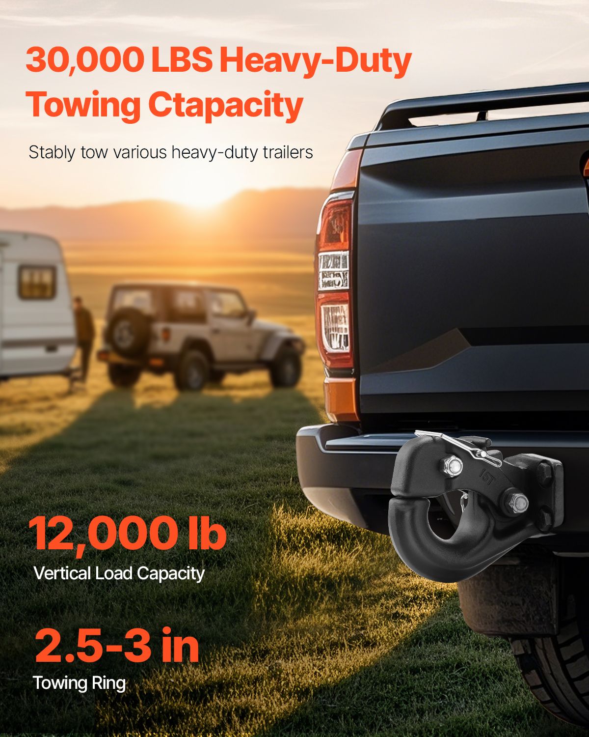 Pintle Hook, 30000 lbs Towing Capacity, Trailer Hitches Receiver Hook Fits for 2.5 to 3-inch Lunette Ring with Mounting Kit, Wear-resistant, Black Powder Coat, Suitable for Various Vehicles