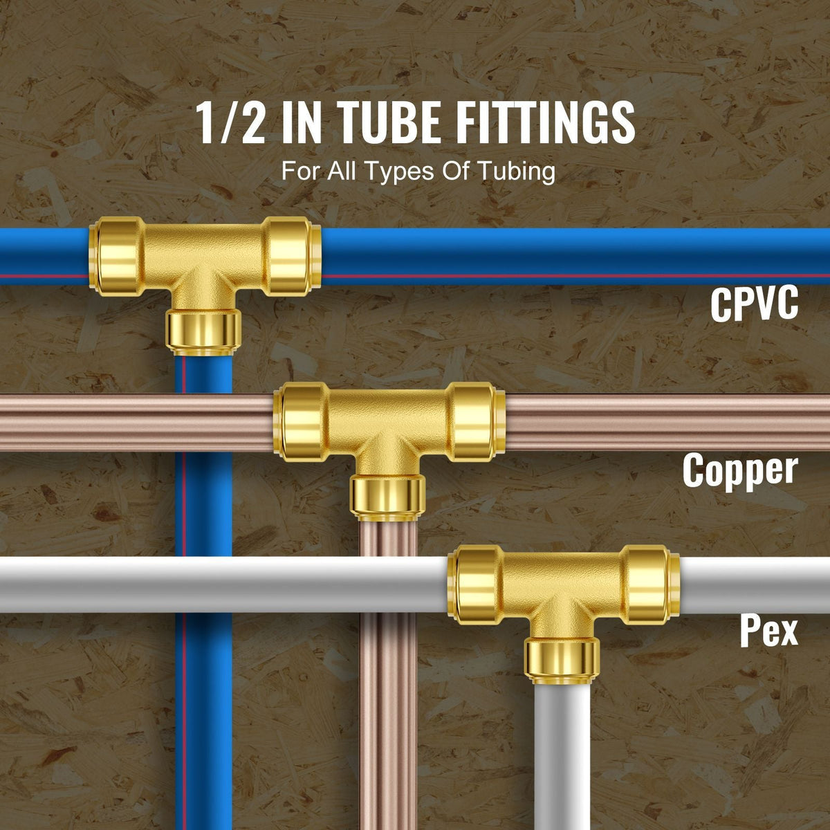 Pipe Fittings, 1/2" 12PCS Tee Brass Pipe Fittings, Push-Fit Pipe Connector Brass Air Fittings, Heavy Duty Plumbing Fittings Adapter for Heating/Shower Systems, Water Pipes