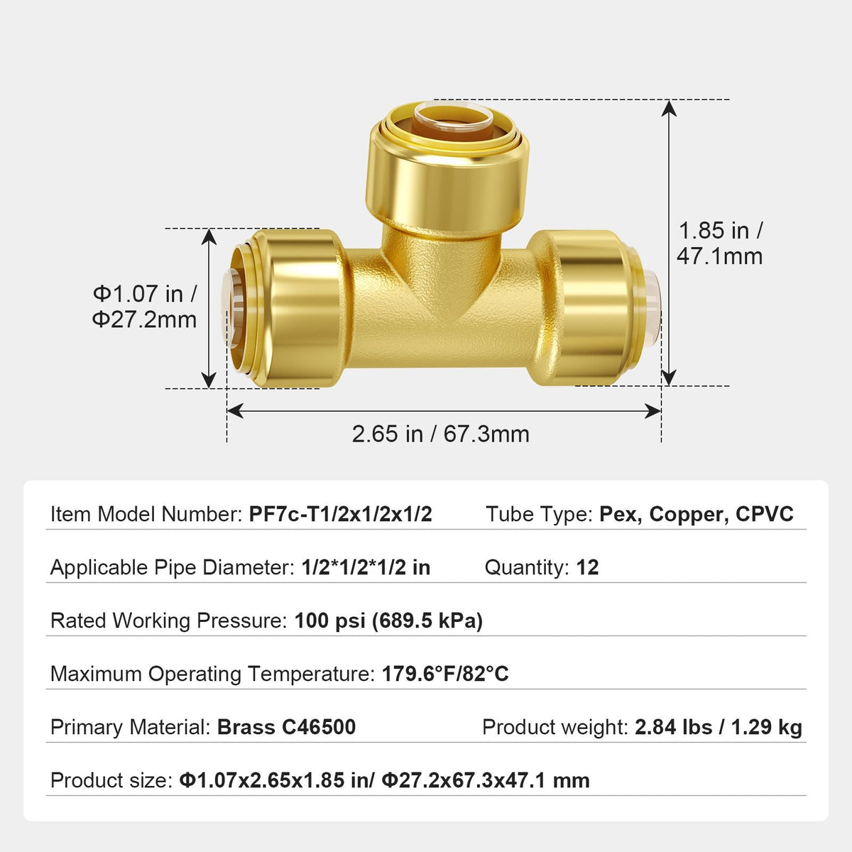 Pipe Fittings, 1/2" 12PCS Tee Brass Pipe Fittings, Push-Fit Pipe Connector Brass Air Fittings, Heavy Duty Plumbing Fittings Adapter for Heating/Shower Systems, Water Pipes