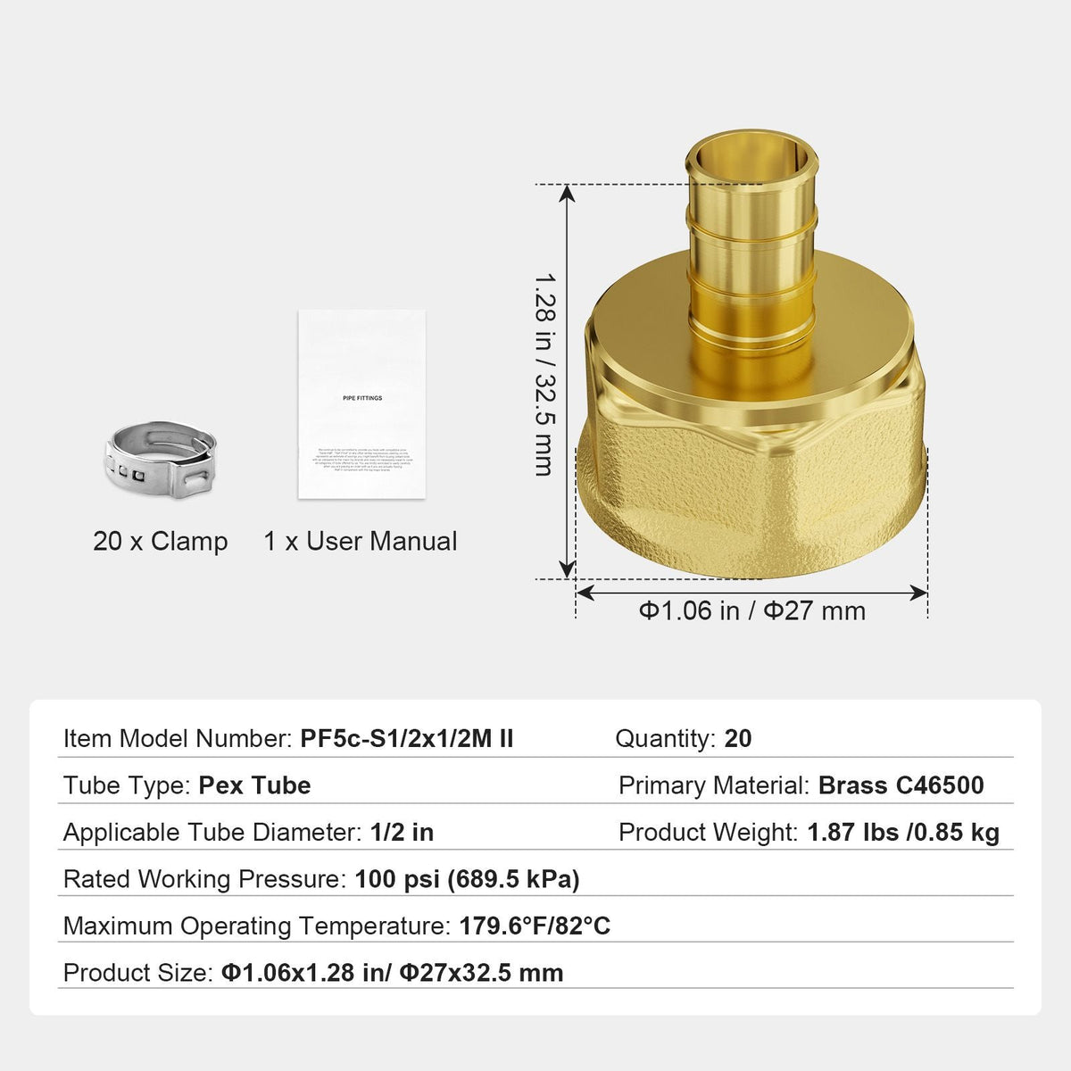 Pipe Fittings, 1/2" 20PCS Brass Pipe Fittings, Clamp-style 1/2 NPT Internal Thread Pipe Connector Brass Air Fittings, Heavy Duty Plumbing Fittings NPT Adapter for Heating/Shower Systems
