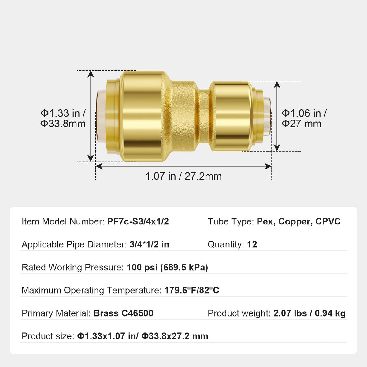 Pipe Fittings, 1/2"-3/4" 12PCS Brass Pipe Fittings, Straight-Through Push-Fit Pipe Connector Brass Air Fittings, Heavy Duty Plumbing Fittings Adapter for Heating/Shower Systems,Water Pipes