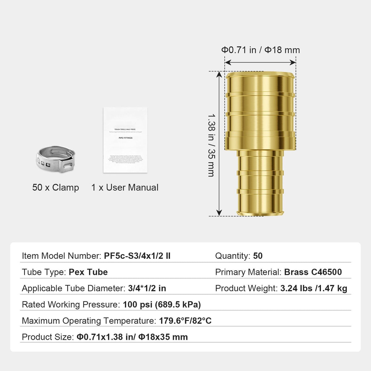 Pipe Fittings, 1/2"-3/4" 50PCS Brass Pipe Fittings, Clamp-style 1/2 NPT Internal Thread Pipe Connector Brass Air Fittings, Heavy Duty Plumbing Fittings NPT Adapter for Heating/Shower Systems
