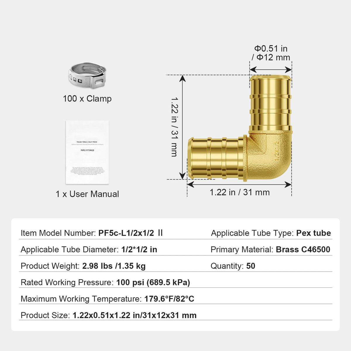 Pipe Fittings, 1/2" 50PCS Brass Pipe Fittings, Clamp-style Elbows Pipe Connector Brass Air Fittings, Heavy Duty Plumbing Fittings Tube Adapter for Heating/Shower Systems, Outdoor Water Pipes