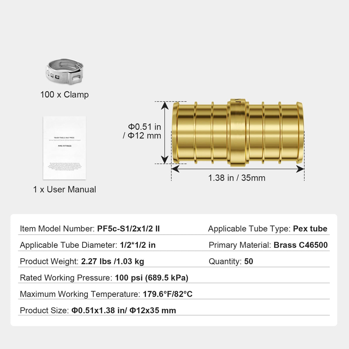 Pipe Fittings, 1/2" 50PCS Brass Pipe Fittings, Clamp-style Straight-Through Pipe Connector Brass Air Fittings, Heavy Duty Plumbing Fittings Tube Adapter for Heating/Shower Systems,Water Pipes