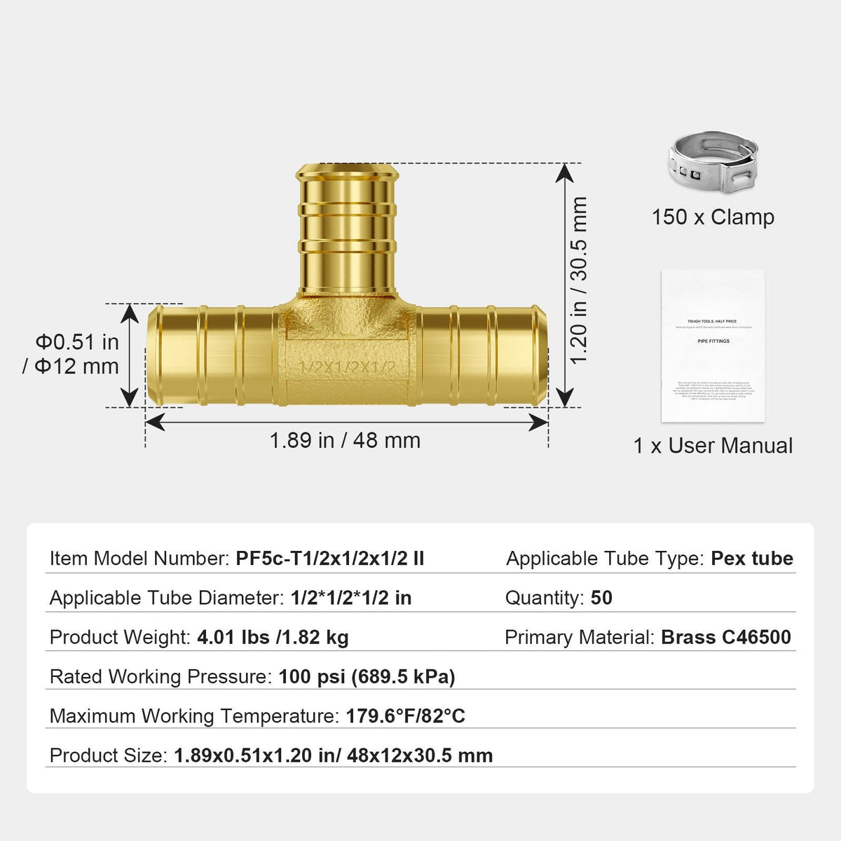Pipe Fittings, 1/2" 50PCS Brass Pipe Fittings, Clamp-style Tee Pipe Connector Brass Air Fittings, Heavy Duty Plumbing Fittings Tube Adapter for Heating/Shower Systems,Outdoor Water Pipes