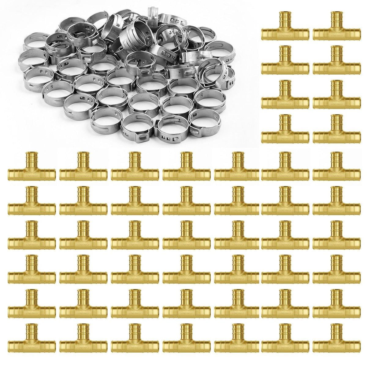 Pipe Fittings, 1/2" 50PCS Brass Pipe Fittings, Clamp-style Tee Pipe Connector Brass Air Fittings, Heavy Duty Plumbing Fittings Tube Adapter for Heating/Shower Systems,Outdoor Water Pipes