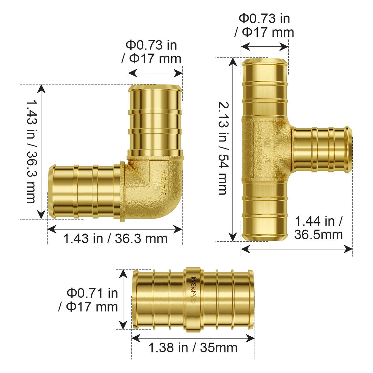 Pipe Fittings, 3/4" 45PCS (15xStraight, 15xElbows, 15xTees) Brass Pipe Fittings, Push-Fit Pipe Connector Brass Air Fittings, Plumbing Fittings Adapter for Heating/Shower Systems, Water Pipes