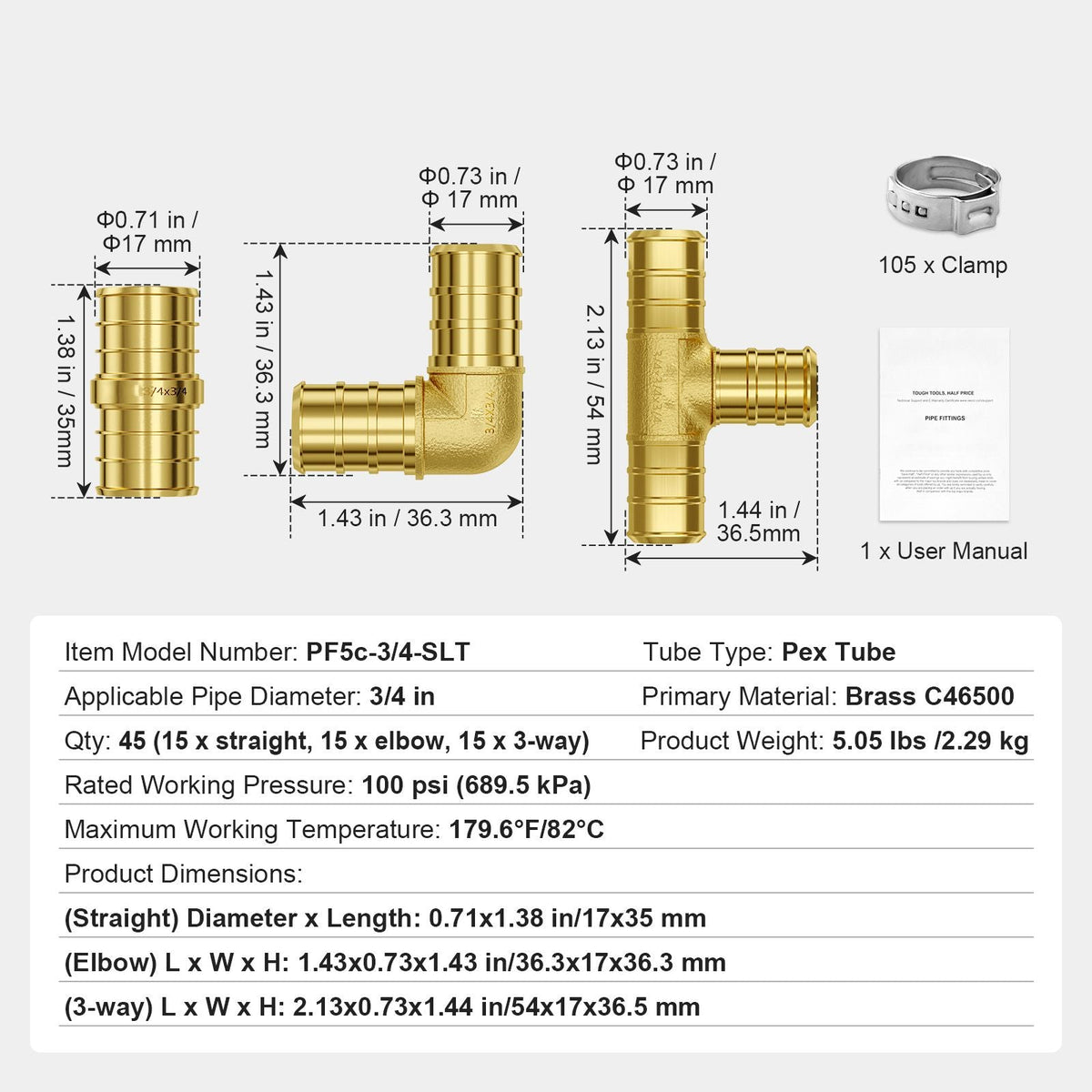 Pipe Fittings, 3/4" 45PCS (15xStraight, 15xElbows, 15xTees) Brass Pipe Fittings, Push-Fit Pipe Connector Brass Air Fittings, Plumbing Fittings Adapter for Heating/Shower Systems, Water Pipes
