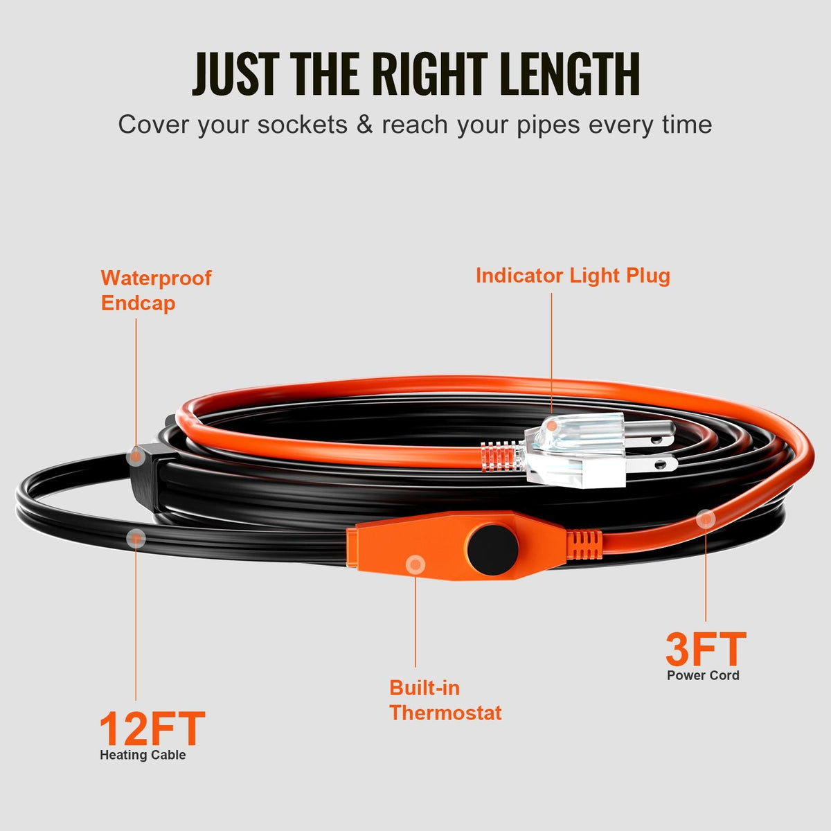 Pipe Heating Cable, 12FT 7W/FT Heat Tape for Pipes with Built-in Thermostat, Water Pipe Heat Cable Protects PVC Hose, Metal and Plastic Pipe from Freezing