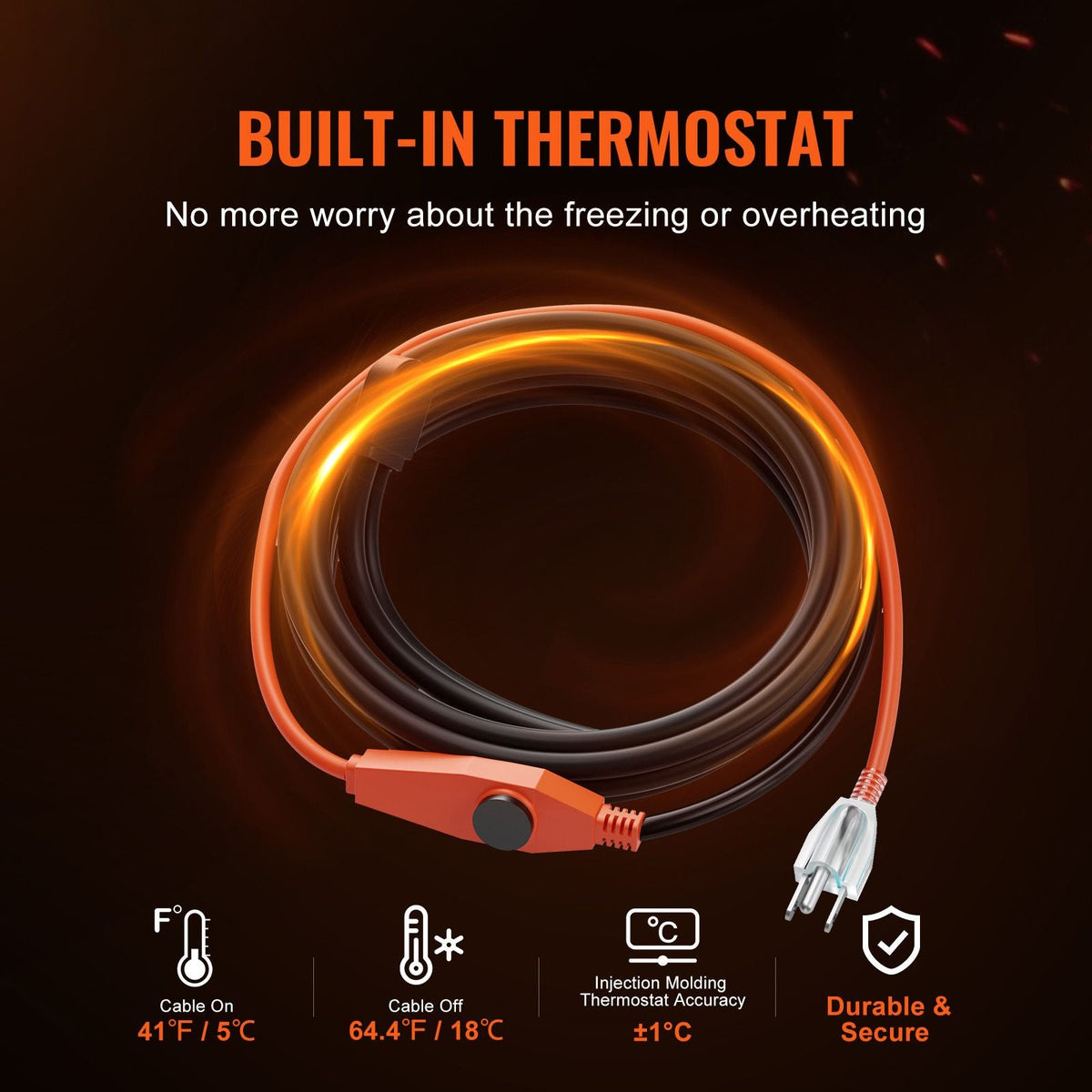 Pipe Heating Cable, 12FT 7W/FT Heat Tape for Pipes with Built-in Thermostat, Water Pipe Heat Cable Protects PVC Hose, Metal and Plastic Pipe from Freezing