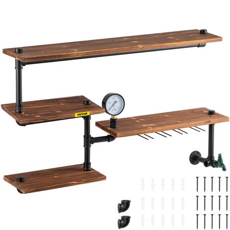 Pipe Shelving, Industrial Floating Shelves with 4-Tier Solid Wood Planks, Modern Rustic Floating Shelves Wall Mounted, DIY Storage Bracket for Bookshelf, Kitchen, Bathroom, Home Decor, Brown