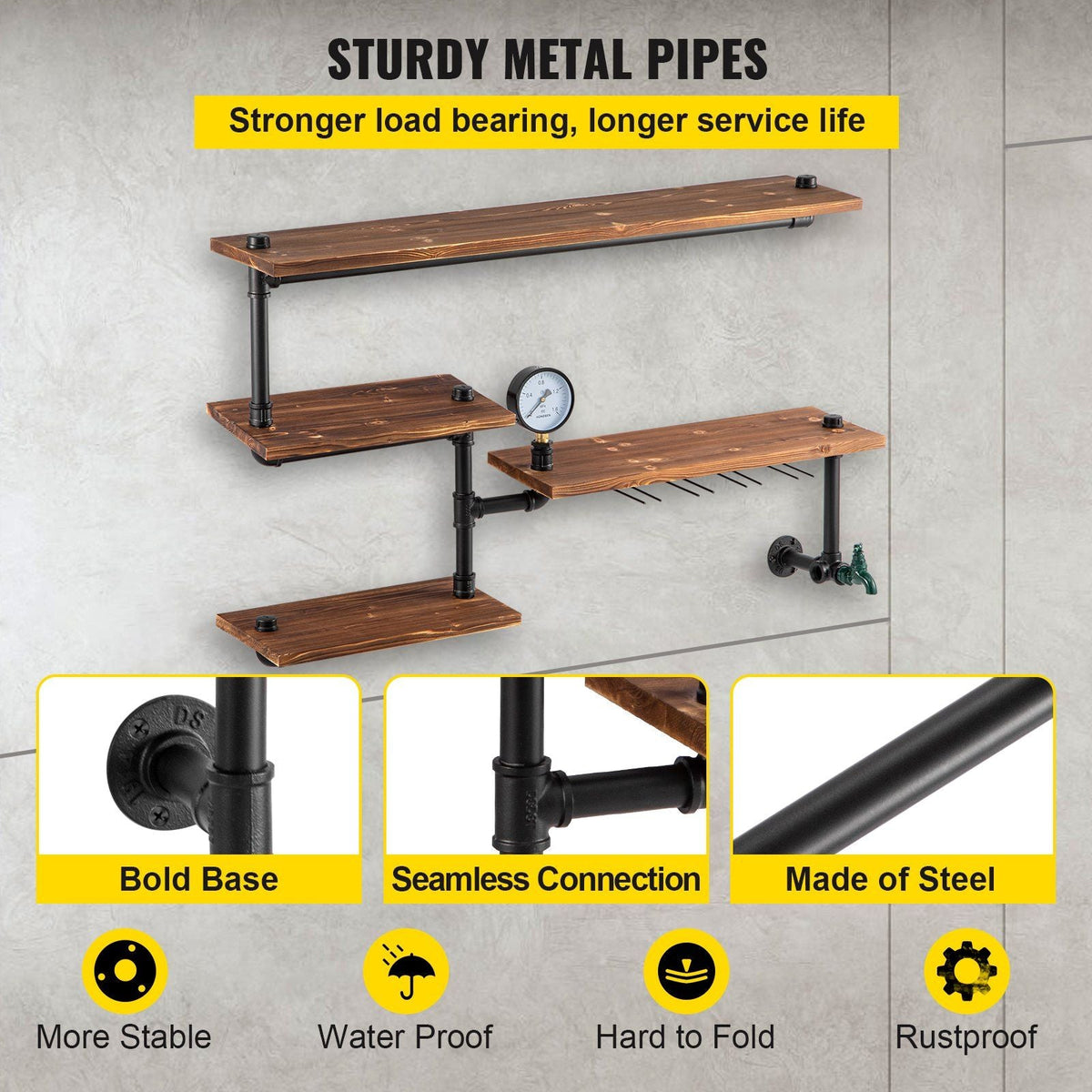 Pipe Shelving, Industrial Floating Shelves with 4-Tier Solid Wood Planks, Modern Rustic Floating Shelves Wall Mounted, DIY Storage Bracket for Bookshelf, Kitchen, Bathroom, Home Decor, Brown
