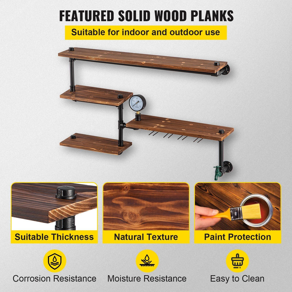 Pipe Shelving, Industrial Floating Shelves with 4-Tier Solid Wood Planks, Modern Rustic Floating Shelves Wall Mounted, DIY Storage Bracket for Bookshelf, Kitchen, Bathroom, Home Decor, Brown
