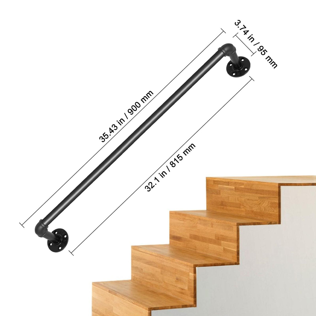 Pipe Stair Handrail, 3FT Staircase Handrail, 440LBS Load Capacity Carbon Steel Pipe Handrail, Industrial Pipe Handrail with Wall Mount Support, Round Corner Wall Handrailings for Indoor, Outdoor