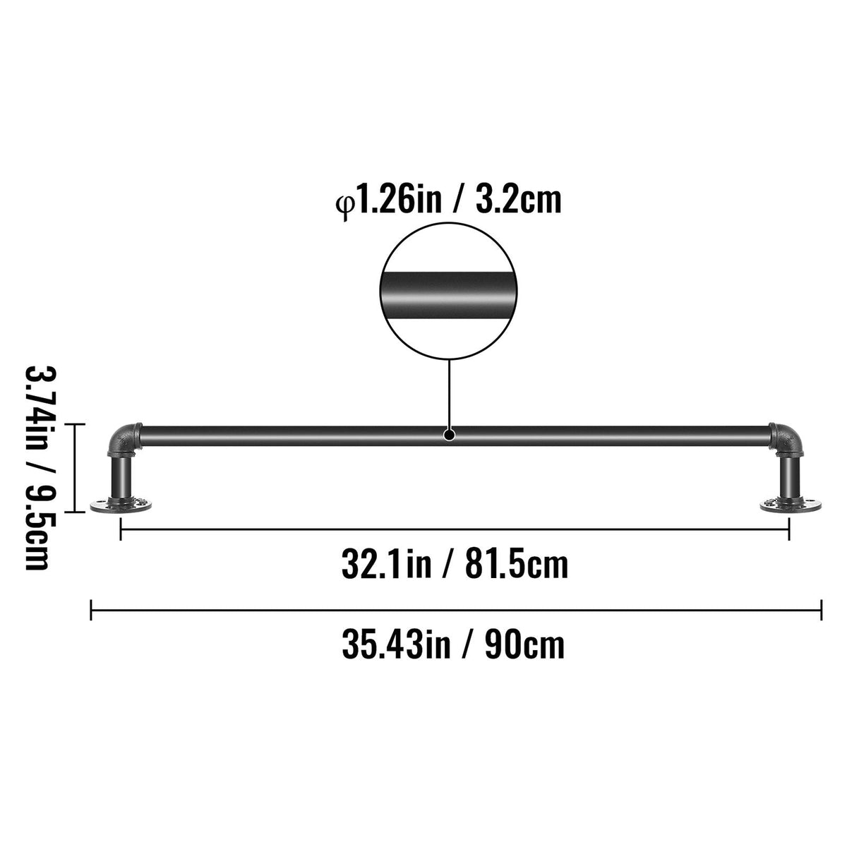 Pipe Stair Handrail, 3FT Staircase Handrail, 440LBS Load Capacity Carbon Steel Pipe Handrail, Industrial Pipe Handrail with Wall Mount Support, Round Corner Wall Handrailings for Indoor, Outdoor