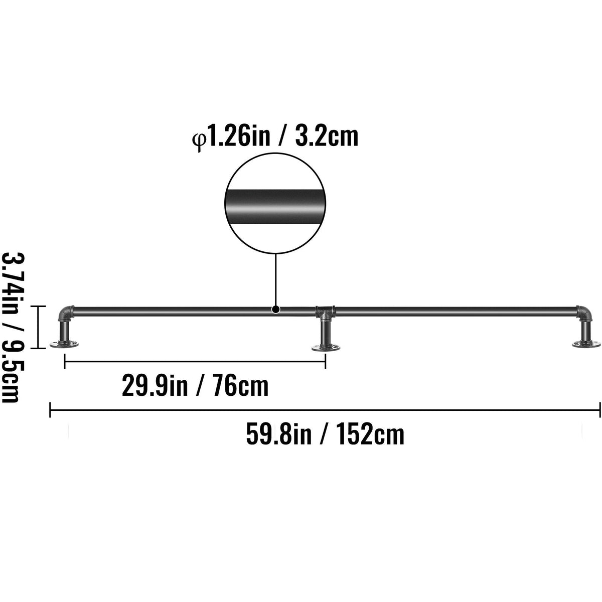 Pipe Stair Handrail, 5FT Staircase Handrail, 440LBS Load Capacity Carbon Steel Pipe Handrail, Industrial Pipe Handrail with Wall Mount Support, Round Corner Wall Handrailings for Indoor, Outdoor