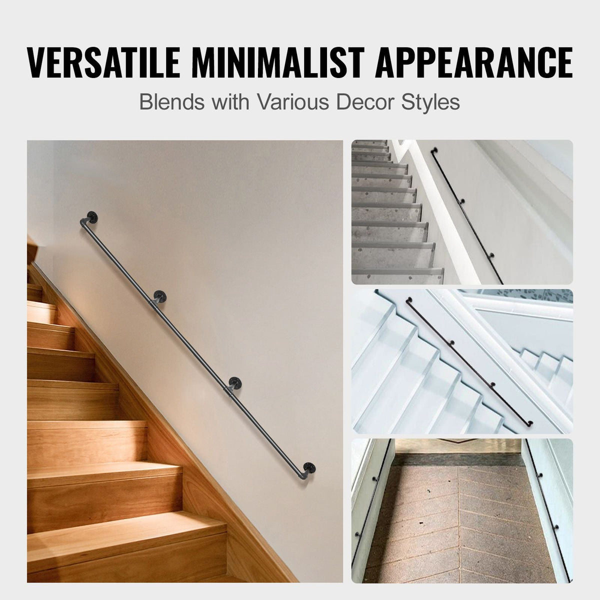 Pipe Stair Handrail, 8FT Staircase Handrail, 440LBS Load Capacity Carbon Steel Pipe Handrail, Industrial Pipe Handrail with Wall Mount Support, Round Corner Wall Handrailings for Indoor, Outdoor
