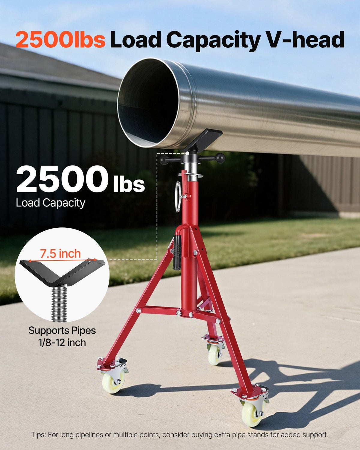 Pipe Stand, V Head Pipe Jack Stand Adjustable Height 20-37 Inch, 2500LBS Pipe Jack Stands with Casters, Folding Portable Pipe Stands for 1/8 to 12 Inch Pipe Supporting